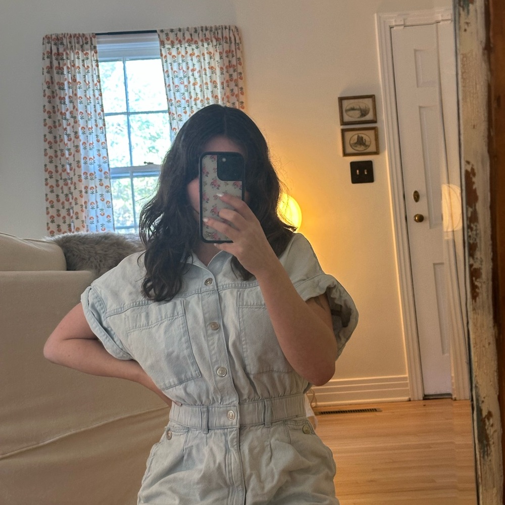 Zara Light Denim Short Sleeve Jumpsuit